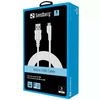 Sandberg MicroUSB sync/nabíjací kábel 3 m, 3 m, USB A, Micro-USB B, USB 2.0, konektor samec/konektor samec, biely