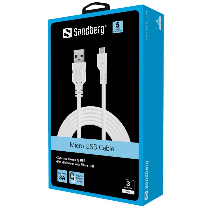 Sandberg MicroUSB sync/nabíjací kábel 3 m, 3 m, USB A, Micro-USB B, USB 2.0, konektor samec/konektor samec, biely