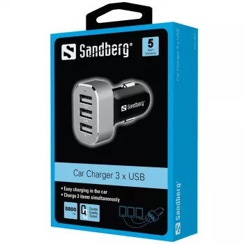 Sandberg Multi Car Charger 3xUSB, auto, zapaľovač cigariet, USB, 5 V, čierna, strieborná