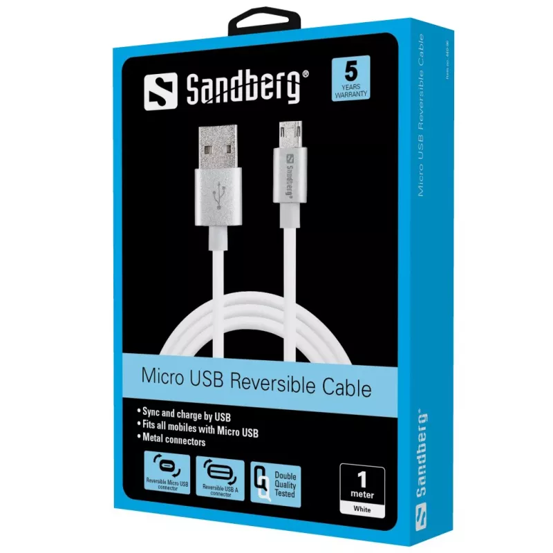 Sandberg MicroUSB obojstranný kábel 1m, 1 m, USB A, Micro-USB A, strieborný, biely