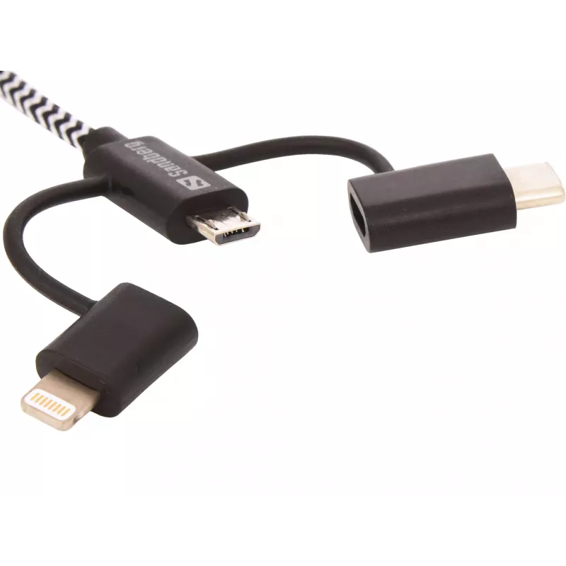 Sandberg 3in1 Lightning+MicroUSB+USB-C 1m, 1 m, Micro-USB A, USB A, konektor samec/konektor samec, čierna, sivá