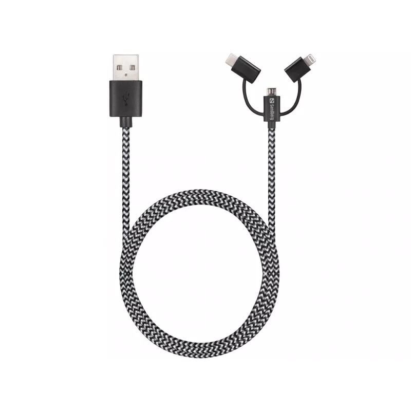 Sandberg 3in1 Lightning+MicroUSB+USB-C 1m, 1 m, Micro-USB A, USB A, konektor samec/konektor samec, čierna, sivá