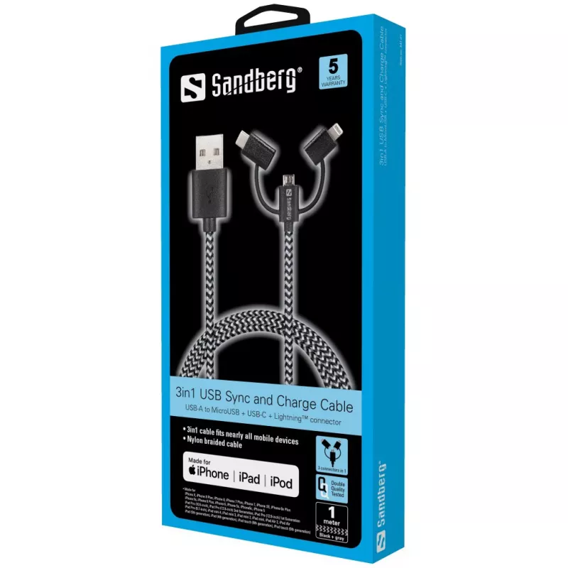 Sandberg 3in1 Lightning+MicroUSB+USB-C 1m, 1 m, Micro-USB A, USB A, konektor samec/konektor samec, čierna, sivá