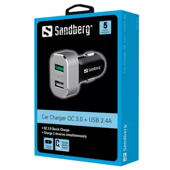 Sandberg autonabíjačka 1xQC 3.0+1xUSB2.4A, auto, zapaľovač cigariet, 12 V, hliník, čierna
