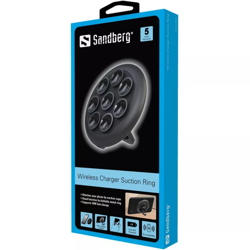 Sandberg Wireless Charger Suction Ring, interiér, exteriér, USB, bezdrôtové nabíjanie, PowerIQ, čierna