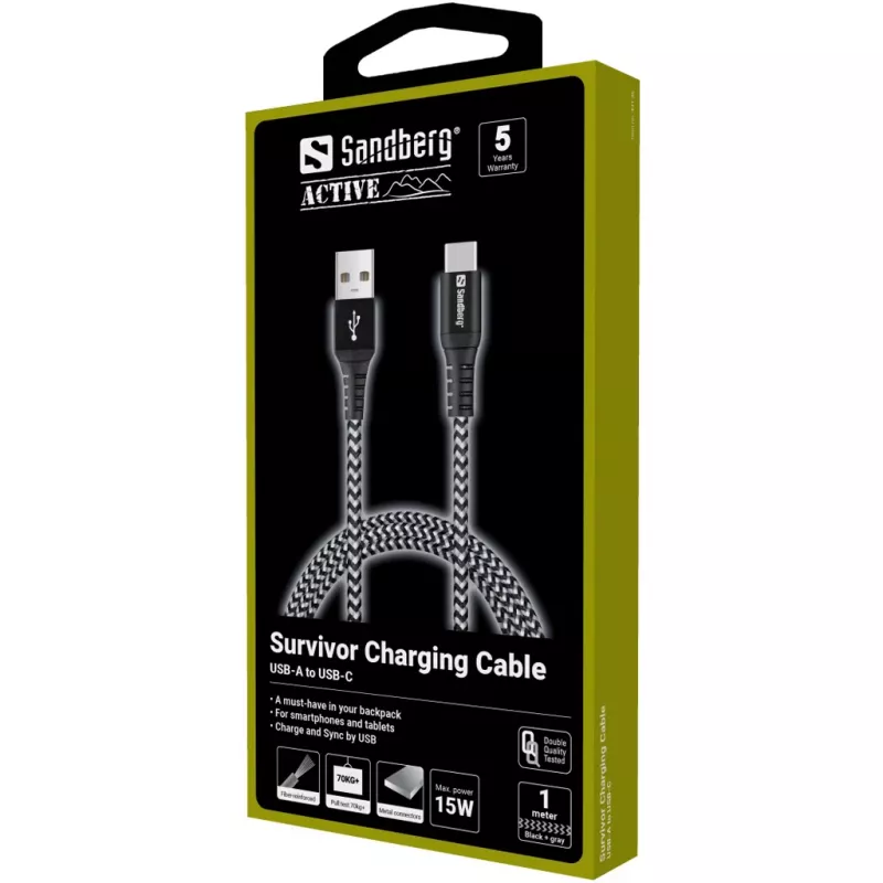Sandberg Survivor USB-C—USB-A kábel 1 m, 1 m, USB A, USB C, USB 2.0, čierny, sivý