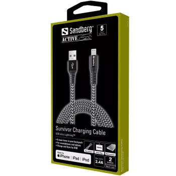 Sandberg Survivor Lightning kábel 2 m, 2 m, Lightning, USB A, konektor samec, konektor samec, čierny, sivý
