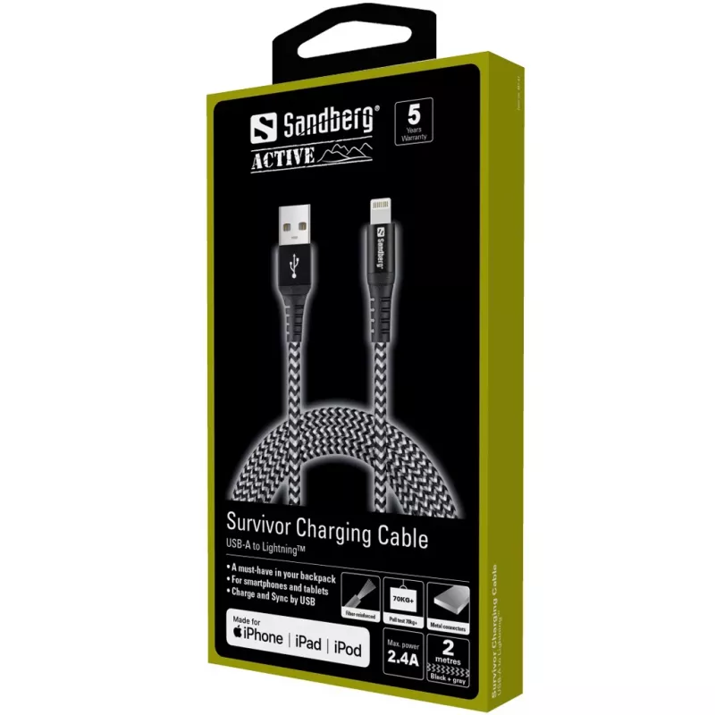 Sandberg Survivor Lightning kábel 2 m, 2 m, Lightning, USB A, konektor samec, konektor samec, čierny, sivý