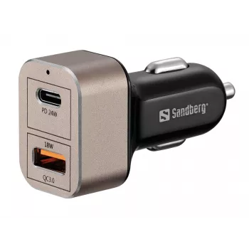 Sandberg autonabíjačka 1xQC3.0+1xUSBC 24W, auto, zapaľovač cigariet, 12 V, čierna, sivá