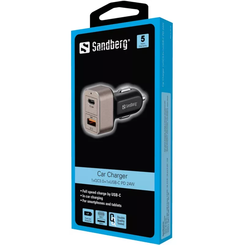 Sandberg autonabíjačka 1xQC3.0+1xUSBC 24W, auto, zapaľovač cigariet, 12 V, čierna, sivá