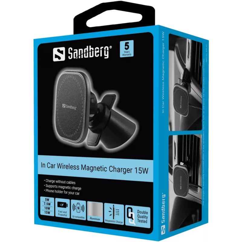 Sandberg In Car Wireless Magnetic Charger 15W, auto, USB, bezdrôtové nabíjanie, 1,2 m, čierna