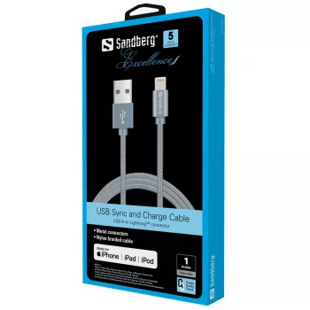 Sandberg Excellence Lightning sivá 1m, 1 m, Lightning, USB A, sivá, rovný, rovný