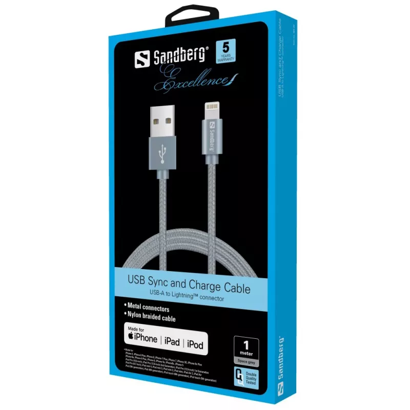 Sandberg Excellence Lightning sivá 1m, 1 m, Lightning, USB A, sivá, rovný, rovný