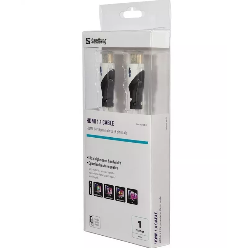 Sandberg HDMI 1.4 19M-19M, 1m, 1 m, HDMI Type-A (štandard), HDMI Type-A (štandard), čierna, biela