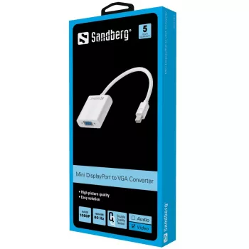 Sandberg adaptér Mini DisplayPort>VGA, Mini DisplayPort, VGA (D-Sub), konektor samec, konektor samica, 1920 x 1080 pixelov, 1920 x 1080 (HD 1080)