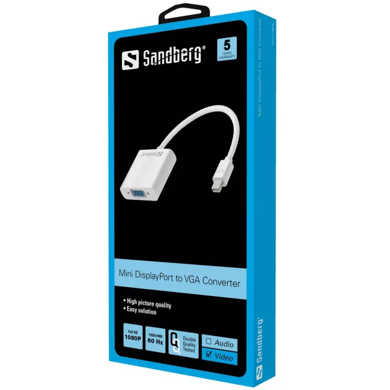 Sandberg adaptér Mini DisplayPort>VGA, Mini DisplayPort, VGA (D-Sub), konektor samec, konektor samica, 1920 x 1080 pixelov, 1920 x 1080 (HD 1080)