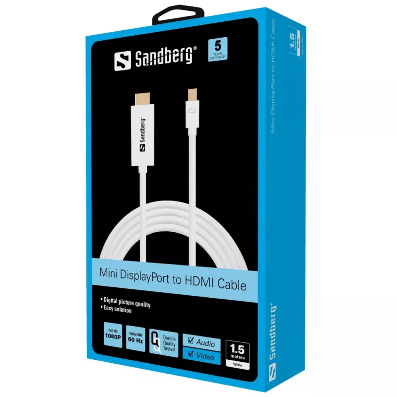 Sandberg kábel MiniDP > HDMI 1,5 m, 1,5 m, Mini DisplayPort, HDMI, konektor samec, konektor samec, biely