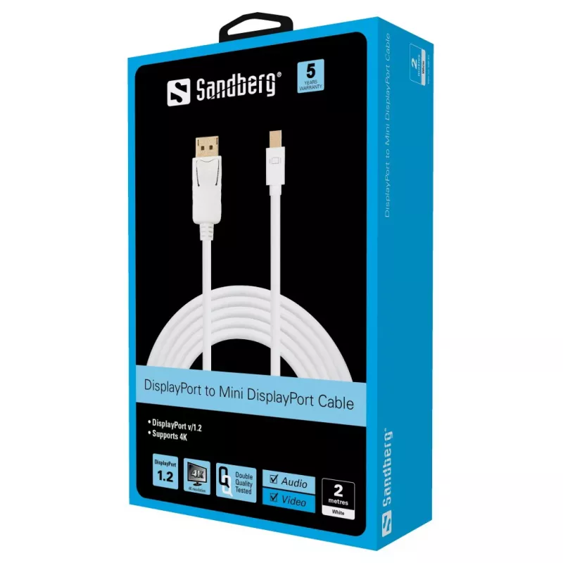 Sandberg DP-MiniDP 1.2 4K M-M 2m, 2 m, DisplayPort, Mini DisplayPort, konektor samec, konektor samec, biela