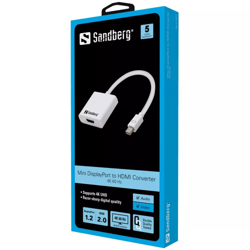 Sandberg adaptér MiniDP1.2>HDMI2.0 4K60, Mini DisplayPort, HDMI, konektor samec, konektor samica, 3840 x 2160 pixelov, 6 Gbit/s