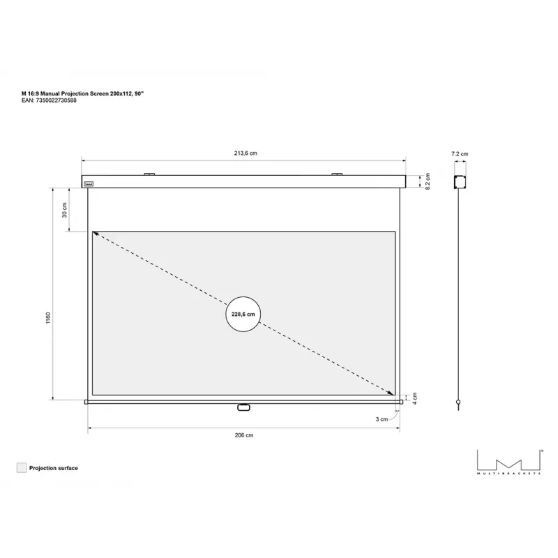 Multibrackets M 16:9 manuálne projekčné plátno 200x112, 90