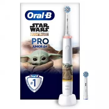 Oral-B PRO Junior Star Wars, detská, rotačná zubná kefka, každodenné čistenie, leštenie, citlivé, viacfarebná, biela, 4 x 30 sek., mäkká