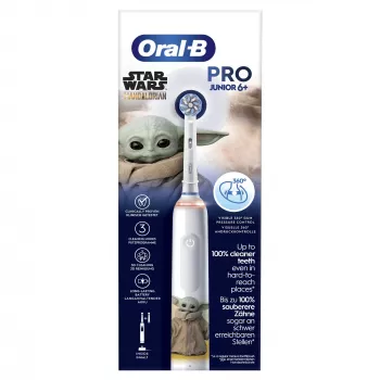 Oral-B PRO Junior Star Wars, detská, rotačná zubná kefka, každodenné čistenie, leštenie, citlivé, viacfarebná, biela, 4 x 30 sek., mäkká