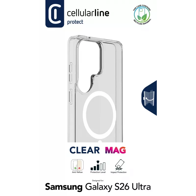 Cellularline Clear Mag - Galaxy S26 Ultra ultraodolné priehľadné puzdro s gumeným okrajom, kompatibilné s ekosystémom Qi2 a magnetickým príslušenstvom, ošetrené proti žltnutiu.