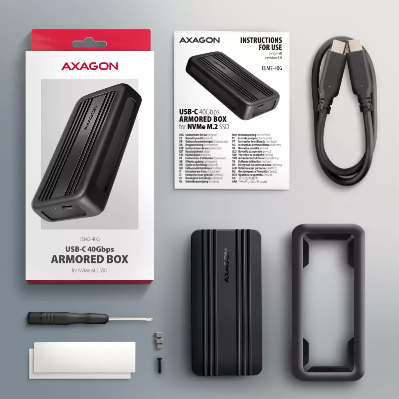 Axagon EEM2-40G USB-C 40Gbps M.2 NVMe SSD puzdro, ARMORED hliník