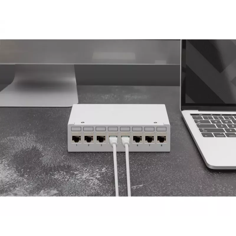 Patch panel DIGITUS desktop modulárny prázdny, tienený, 8-portový, oceľ, sivý, nástenná montáž