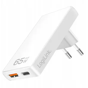 Nástenný USB adaptér do zásuvky LOGILINK PA0368 — 1×USB-A, 1×USB-C, 65W, biely