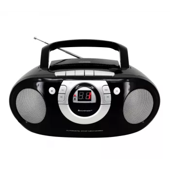 Prenosný stereo systém Soundmaster SCD5100SW — analógový FM tuner 87,5–108 MHz, CD/MP3 prehrávač, 1 W RMS, LED displej, čierna