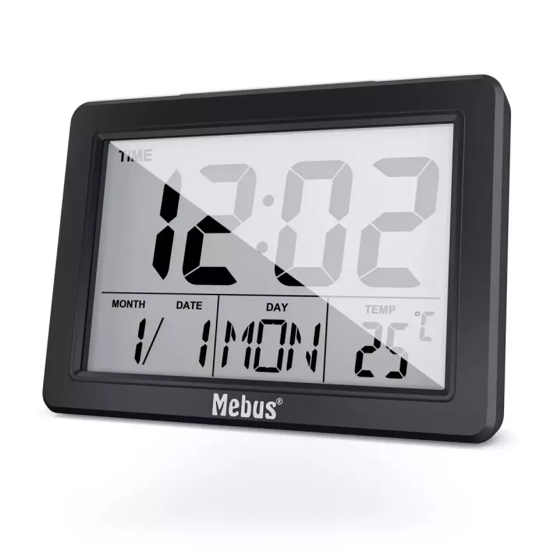 Kremenný budík Mebus 25739 čierny obdĺžnikový modré podsvietenie