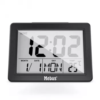 Kremenný budík Mebus 25739 čierna obdĺžnikový modré podsvietenie