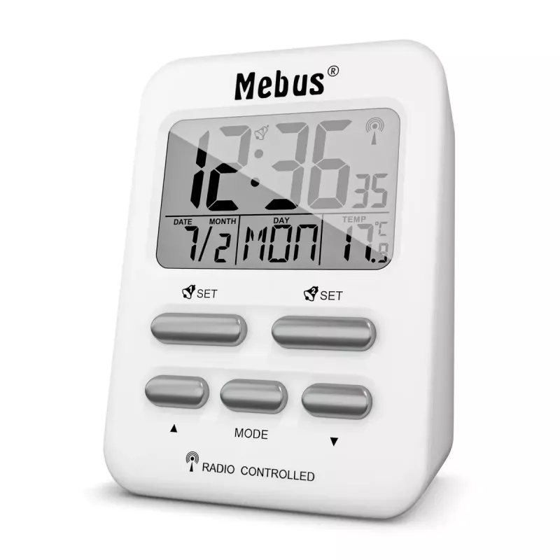 Digitálny budík Mebus 25800 biely obdĺžnikový modré podsvietenie