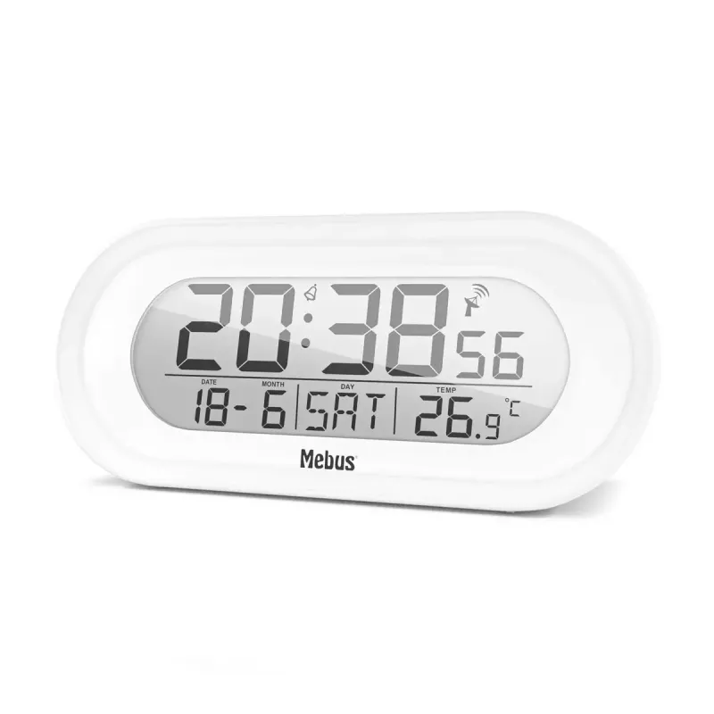 Digitálny budík Mebus 25808 oválny biely modré podsvietenie batéria AAA