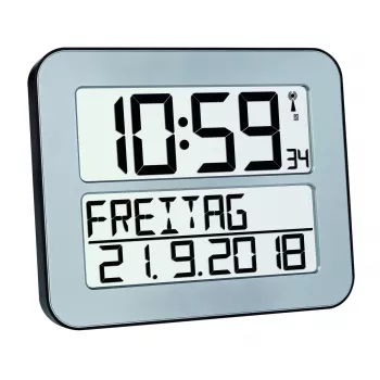 Digitálny budík TFA 60.4512.54 — obdĺžnikový strieborný, batéria AA, plastové puzdro, 30×212×258 mm
