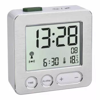 Digitálny budík TFA 60.2545.54 — obdĺžnikový, strieborný LCD, modré podsvietenie, batéria (AAA)