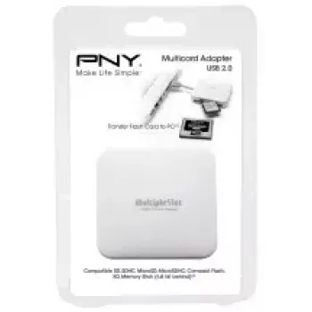 Čítačka kariet PNY All in One Reader — USB 2.0, 480 Mbit/s, podporuje CF/SD/MicroSD/MS/MiniSD/MMC, biela, 54×54×13 mm, 29 g