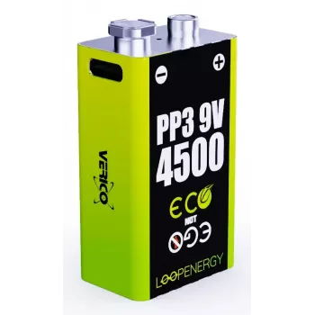 Nabíjací 9V batériový pack VERICO LoopEnergy PP3 4500 — Li-Ion, 2 ks, 500 mAh, nabíjanie USB-C