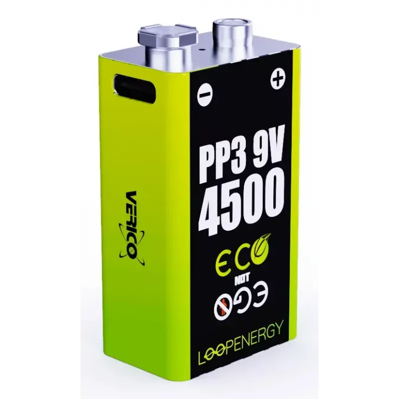 Nabíjací 9V batériový pack VERICO LoopEnergy PP3 4500 — Li-Ion, 2 ks, 500 mAh, nabíjanie USB-C