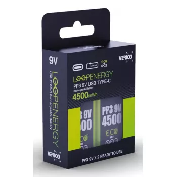 Nabíjací 9V batériový pack VERICO LoopEnergy PP3 4500 — Li-Ion, 2 ks, 500 mAh, nabíjanie USB-C