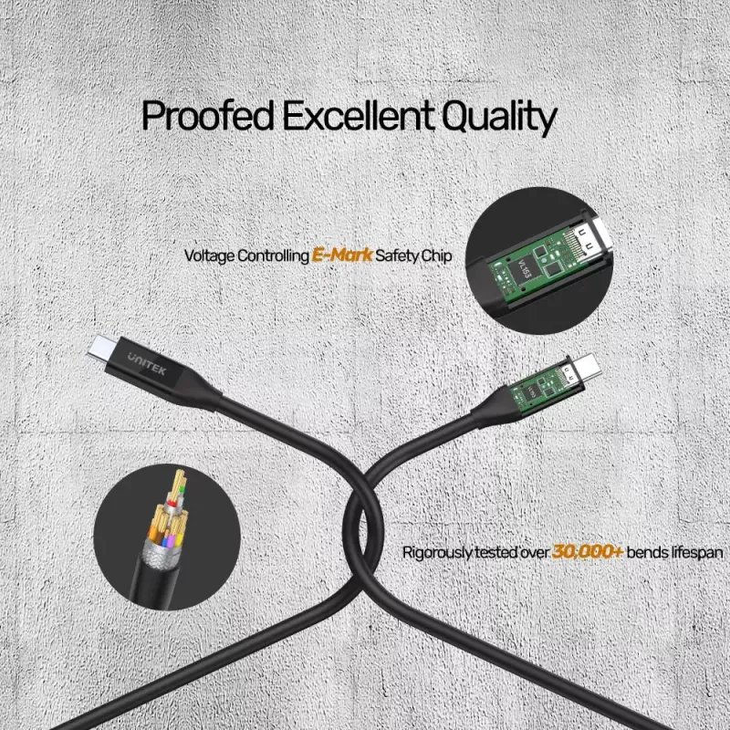 USB4 Gen 2x2 USB-C kábel Unitek C14100BK-0.8M — 0,8 m, USB-C na USB-C, 40 Gbit/s, čierny