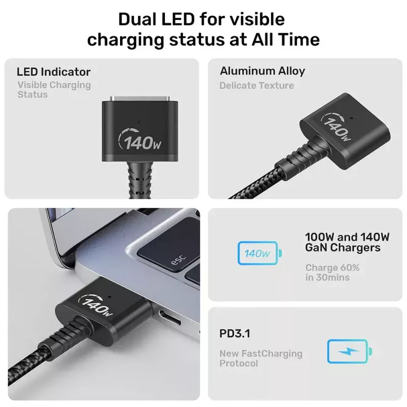 Napájací kábel UNITEK C14121BK-1M čierny MagSafe 3 USB C 1m 28V 5A