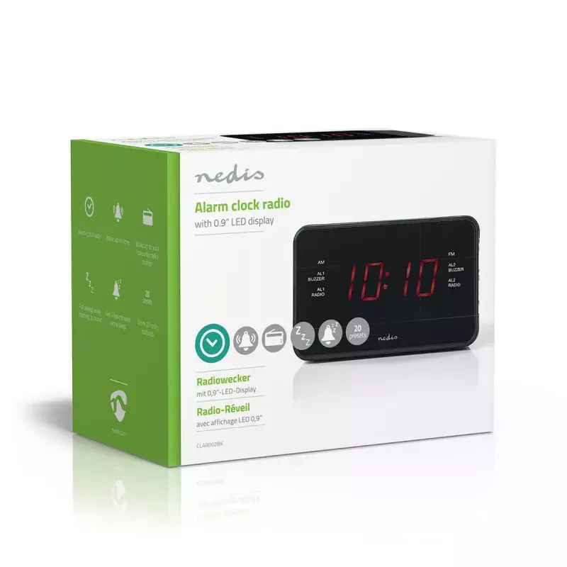 Digitálny budík Nedis CLAR002BK — LED displej, AC 220–240V, 130×80×70 mm, čierny