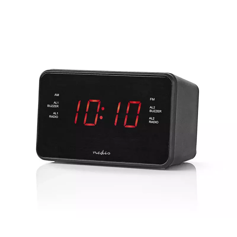 Digitálny budík Nedis CLAR002BK — LED displej, AC 220–240V, 130×80×70 mm, čierny