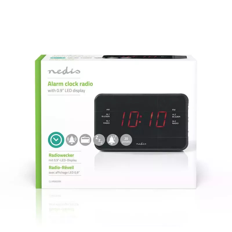 Digitálny budík Nedis CLAR002BK — LED displej, AC 220–240V, 130×80×70 mm, čierny