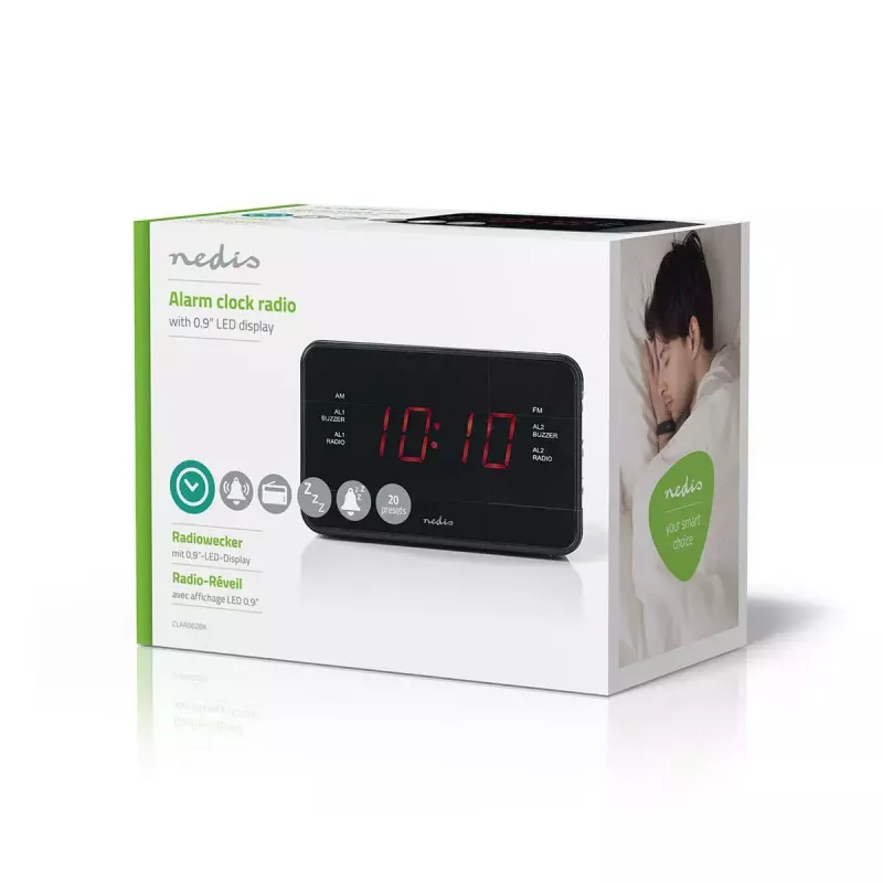 Digitálny budík Nedis CLAR002BK — LED displej, AC 220–240V, 130×80×70 mm, čierny