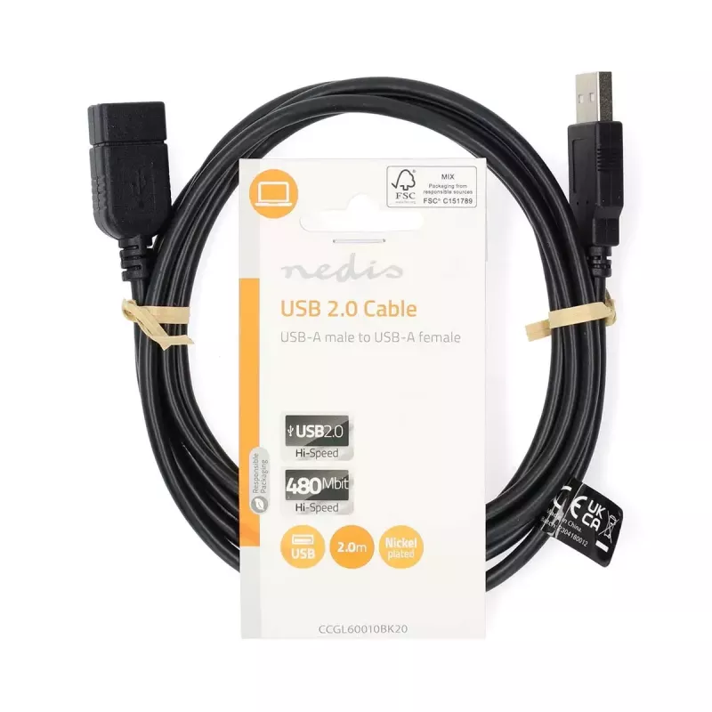 Nedis CCGL60010BK20 Predlžovací kábel USB 2.0, A samec na A samica, 2 m, čierny