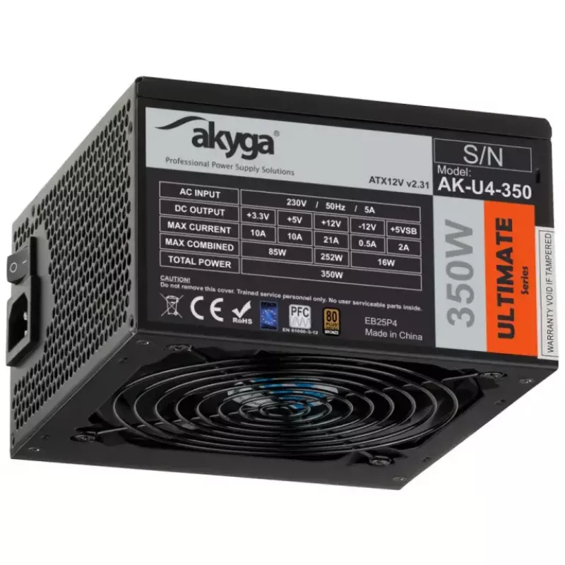 Akyga AK-U4-350 Ultimate 350 W ATX napájací zdroj, 80 PLUS Bronze, aktívne PFC, 120 mm ventilátor