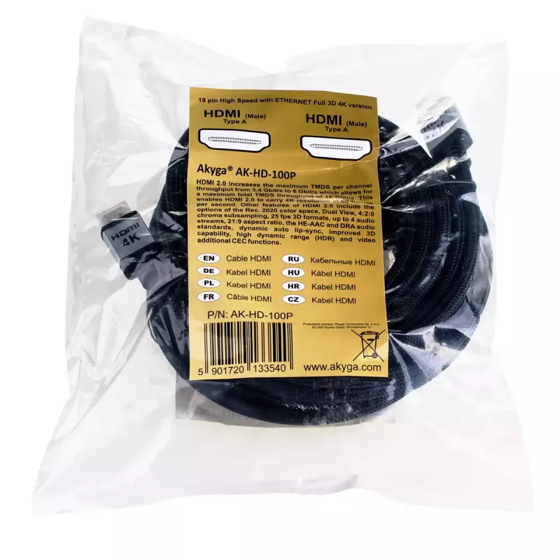 Akyga AK-HD-100P HDMI-2.0 kábel, opletený, PRO séria, 10 m, čierny
